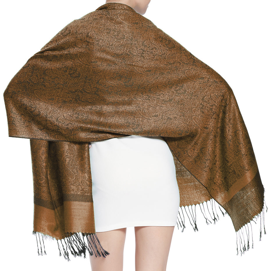 Women's Soft Silky 2 Tones Paisley Jacquard Pashmina Shawl Wrap Scarf
