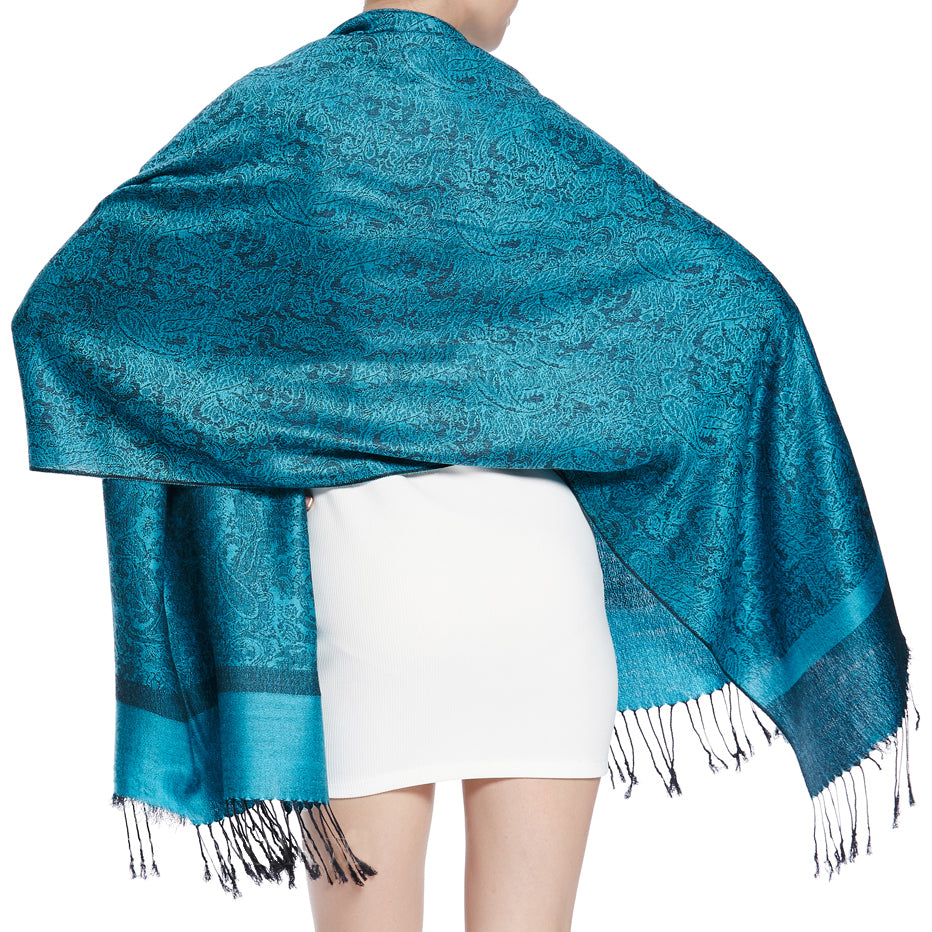 Women's Soft Silky 2 Tones Paisley Jacquard Pashmina Shawl Wrap Scarf