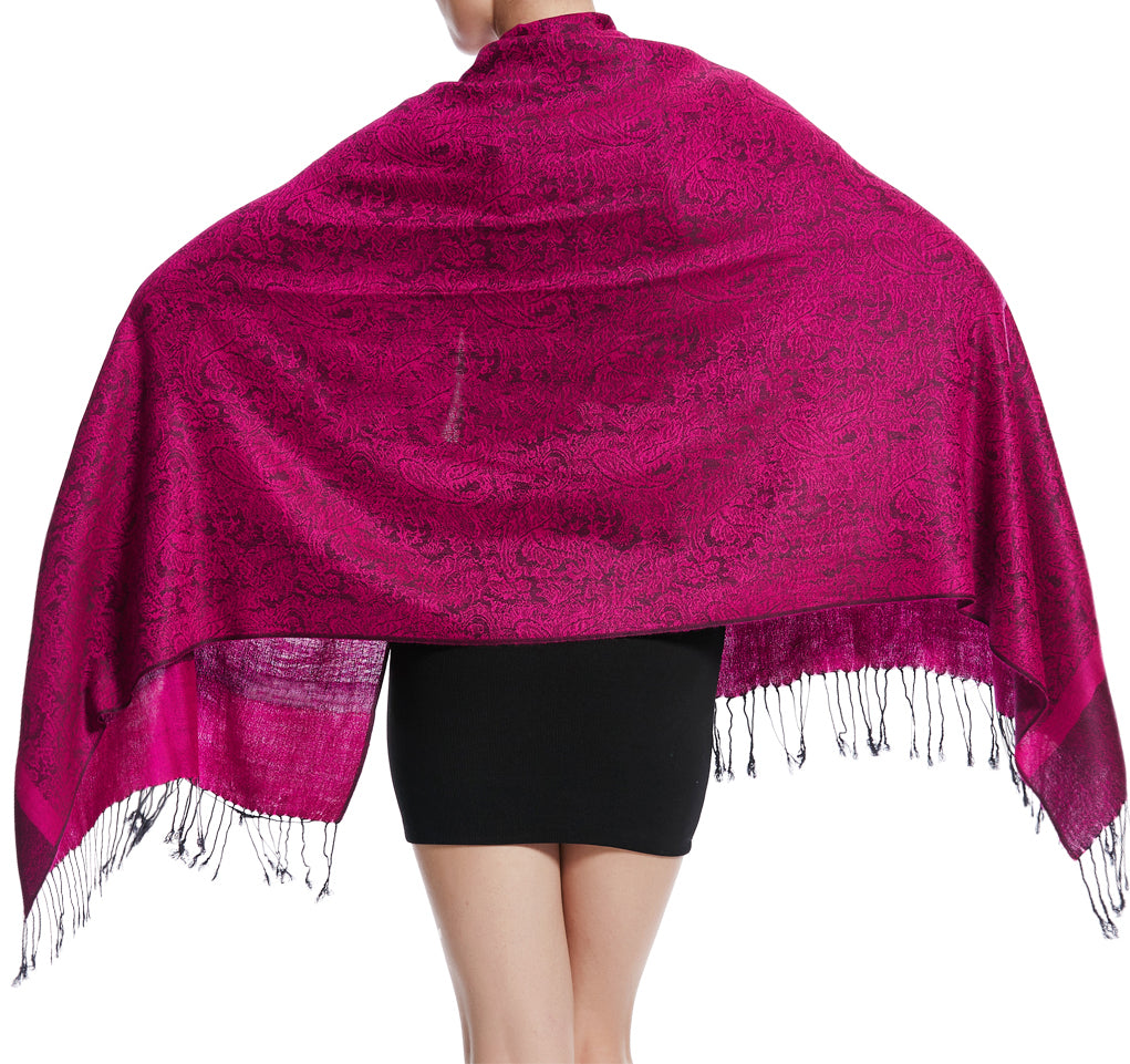 Women's Soft Silky 2 Tones Paisley Jacquard Pashmina Shawl Wrap Scarf