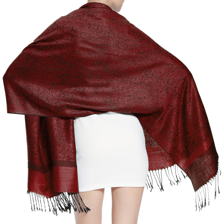 Women's Soft Silky 2 Tones Paisley Jacquard Pashmina Shawl Wrap Scarf