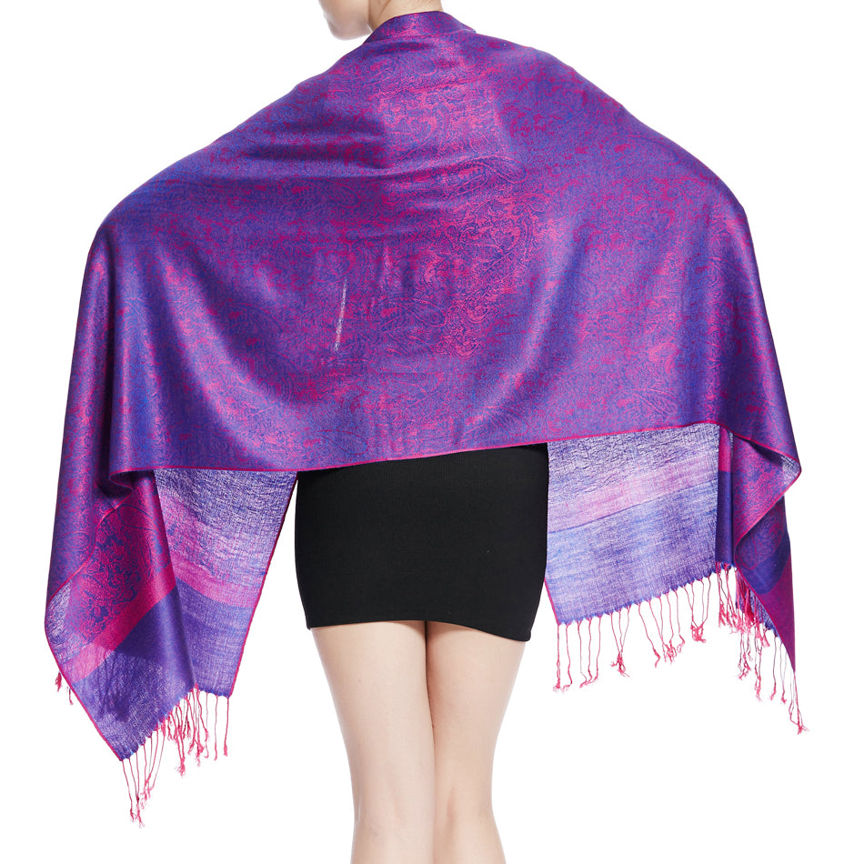 Women's Soft Silky 2 Tones Paisley Jacquard Pashmina Shawl Wrap Scarf