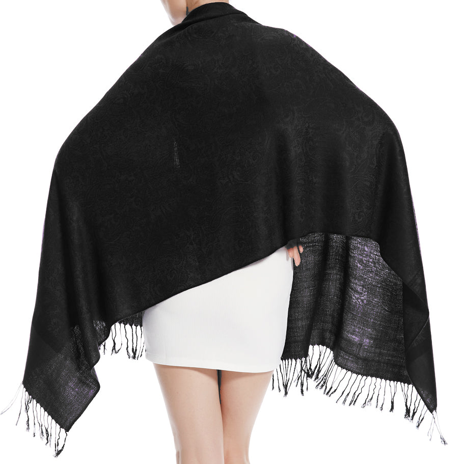 Women's Soft Silky 2 Tones Paisley Jacquard Pashmina Shawl Wrap Scarf