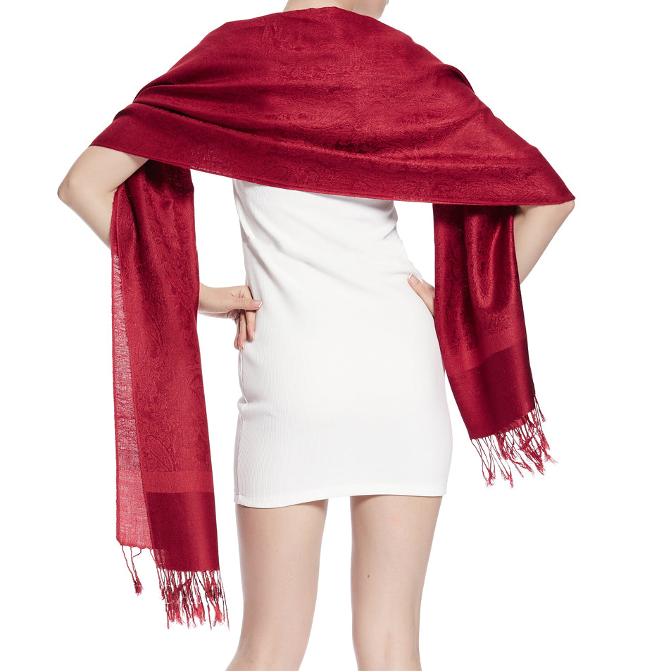 Women's Soft Silky 2 Tones Paisley Jacquard Pashmina Shawl Wrap Scarf