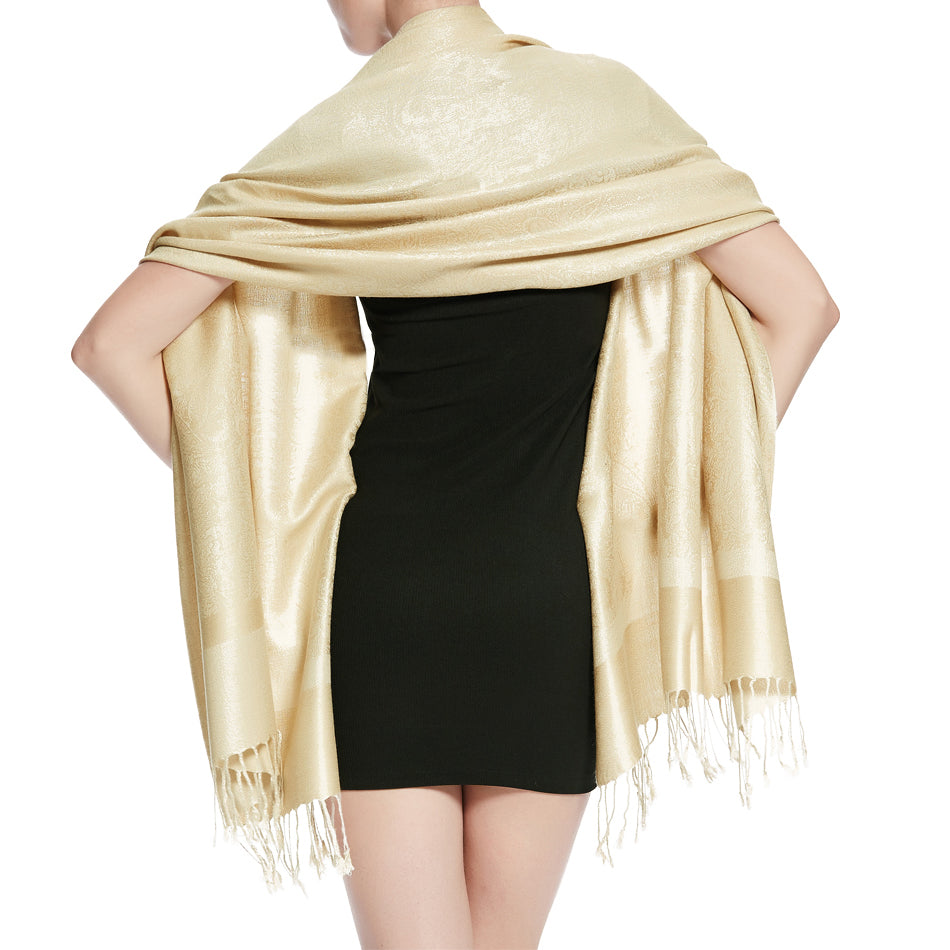 Women's Soft Silky 2 Tones Paisley Jacquard Pashmina Shawl Wrap Scarf