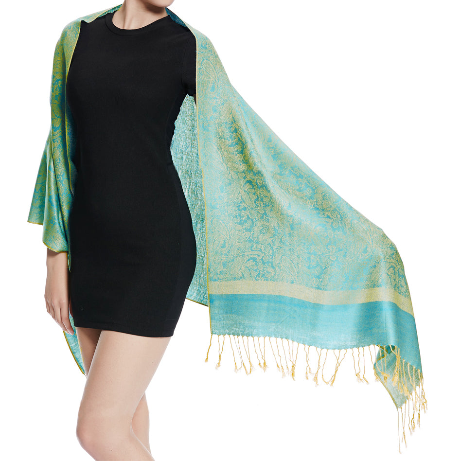 Women's Soft Silky 2 Tones Paisley Jacquard Pashmina Shawl Wrap Scarf