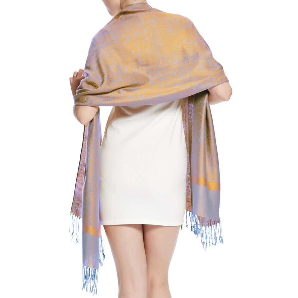 Women's Soft Silky 2 Tones Paisley Jacquard Pashmina Shawl Wrap Scarf