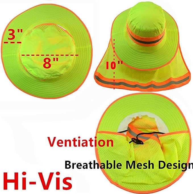 Hi-Vis Reflective Work Safety Boonie Wide Brim Hat High Visibility Cap Neck Flap