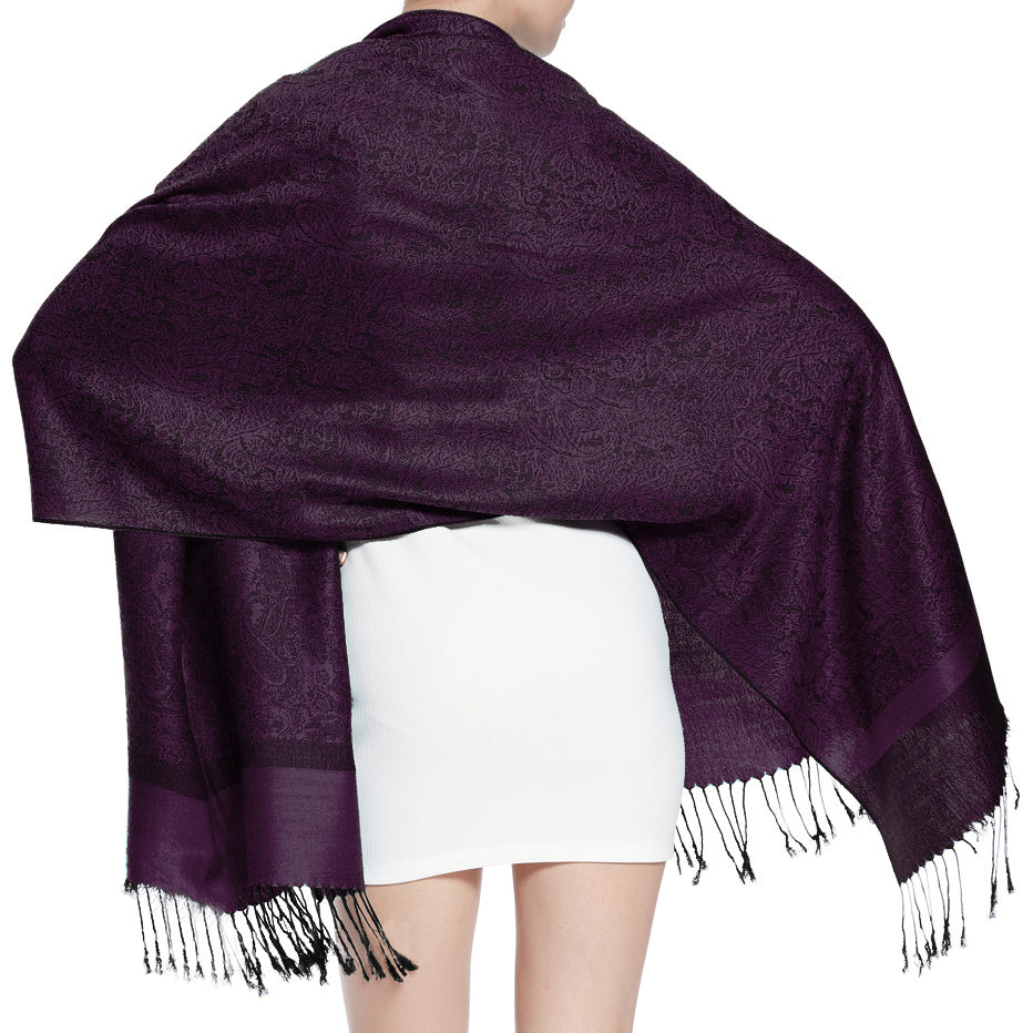 Women's Soft Silky 2 Tones Paisley Jacquard Pashmina Shawl Wrap Scarf
