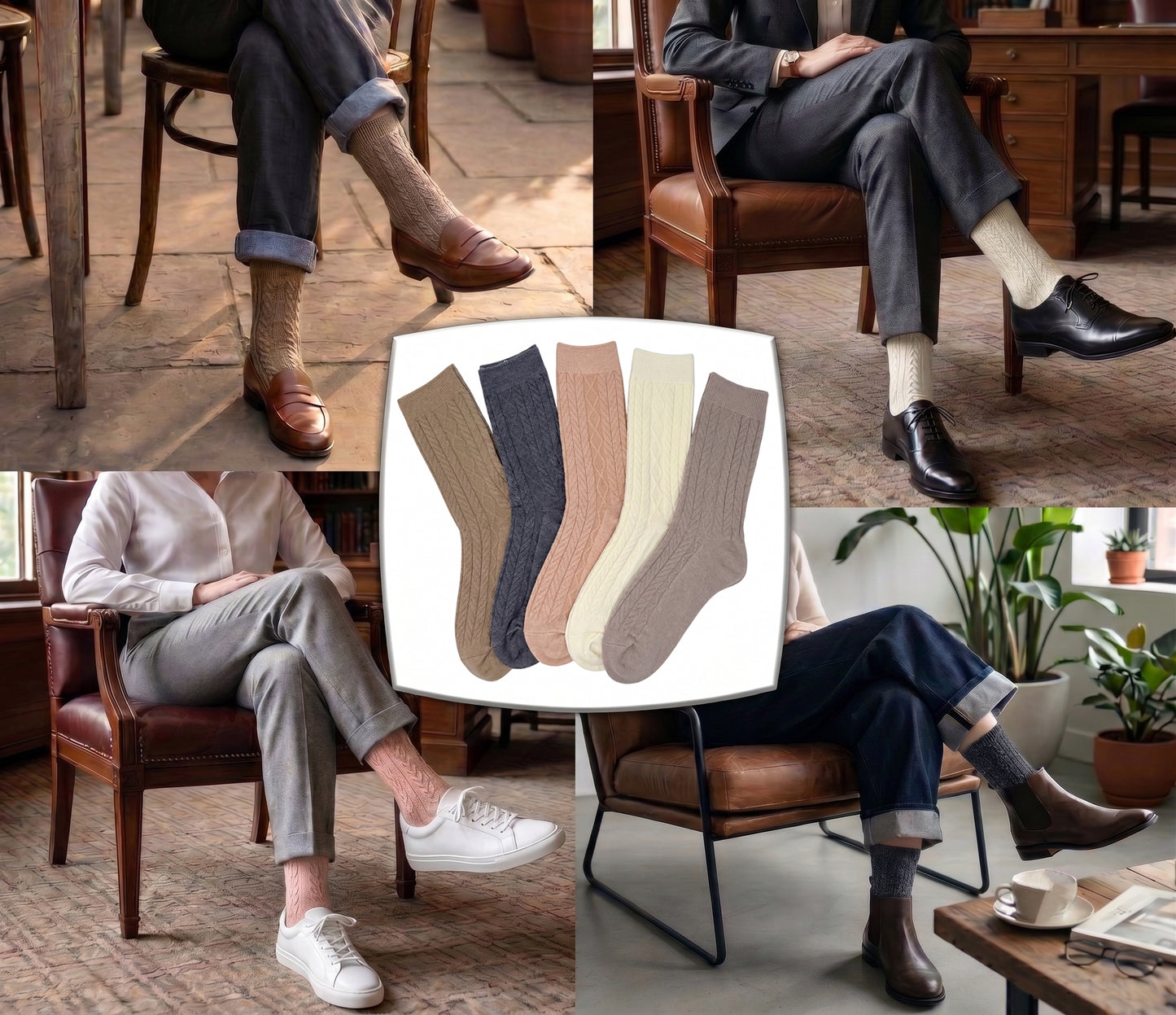 5 Pairs Women Classic Cable Knit Crew Socks Assorted Colors Mid Calf Boots Casual Socks