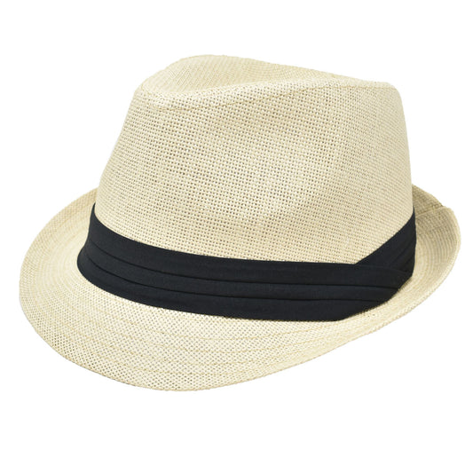 Men Women Summer Fedora Panama Hat Trilby Cuban Straw Sun Hats Short Brim with Black Band