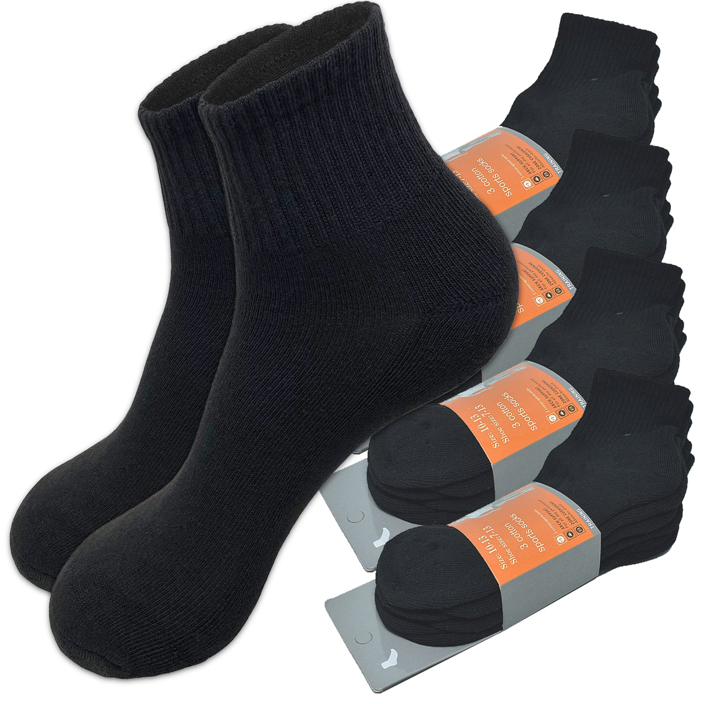 Men's High Quality Cotton Cushioned Black Ankle Crew Socks Size 9-13