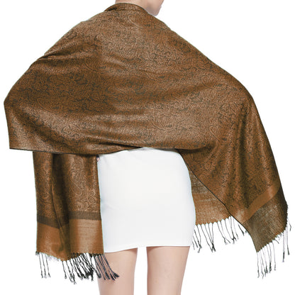 Women's Soft Silky 2 Tones Paisley Jacquard Pashmina Shawl Wrap Scarf