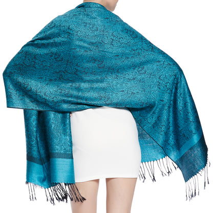 Women's Soft Silky 2 Tones Paisley Jacquard Pashmina Shawl Wrap Scarf