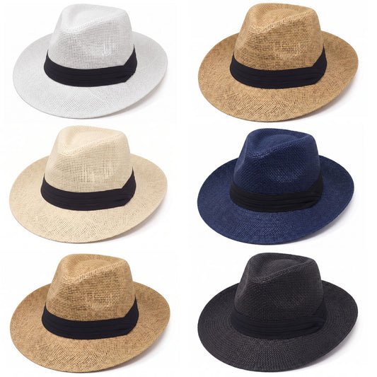 Men Women Summer Fedora Panama Hat Trilby Cuban Paper Straw Sun Hats Wide Brim with Black Band