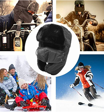 Winter Windproof Earflap Trapper Hats Thermal Ski Warm Aviator Face Cover Hat Black