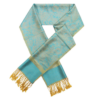 Women's Soft Silky 2 Tones Paisley Jacquard Pashmina Shawl Wrap Scarf