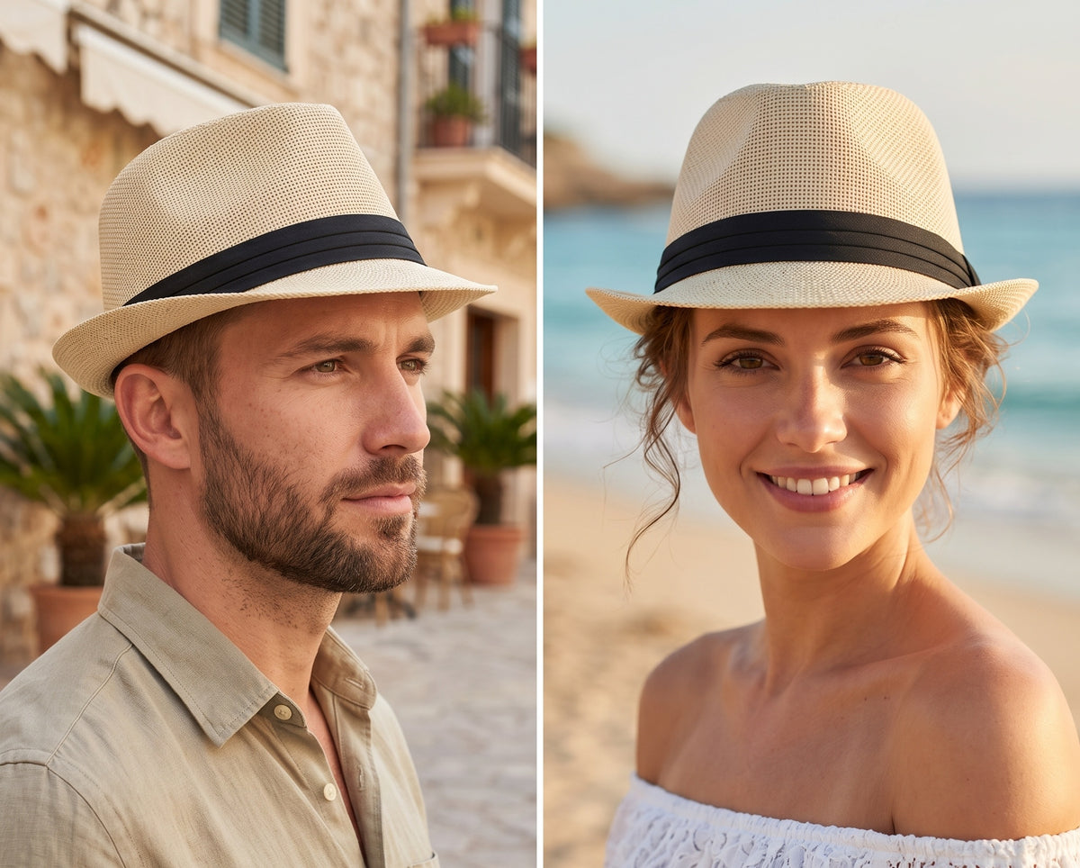 Men Women Summer Fedora Panama Hat Trilby Cuban Straw Sun Hats Short Brim with Black Band