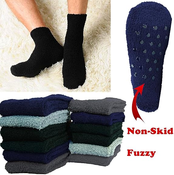 Men's 4-12 Pairs Soft Cozy Fuzzy Socks Non-Skid Solid Plush Home Slipper Socks