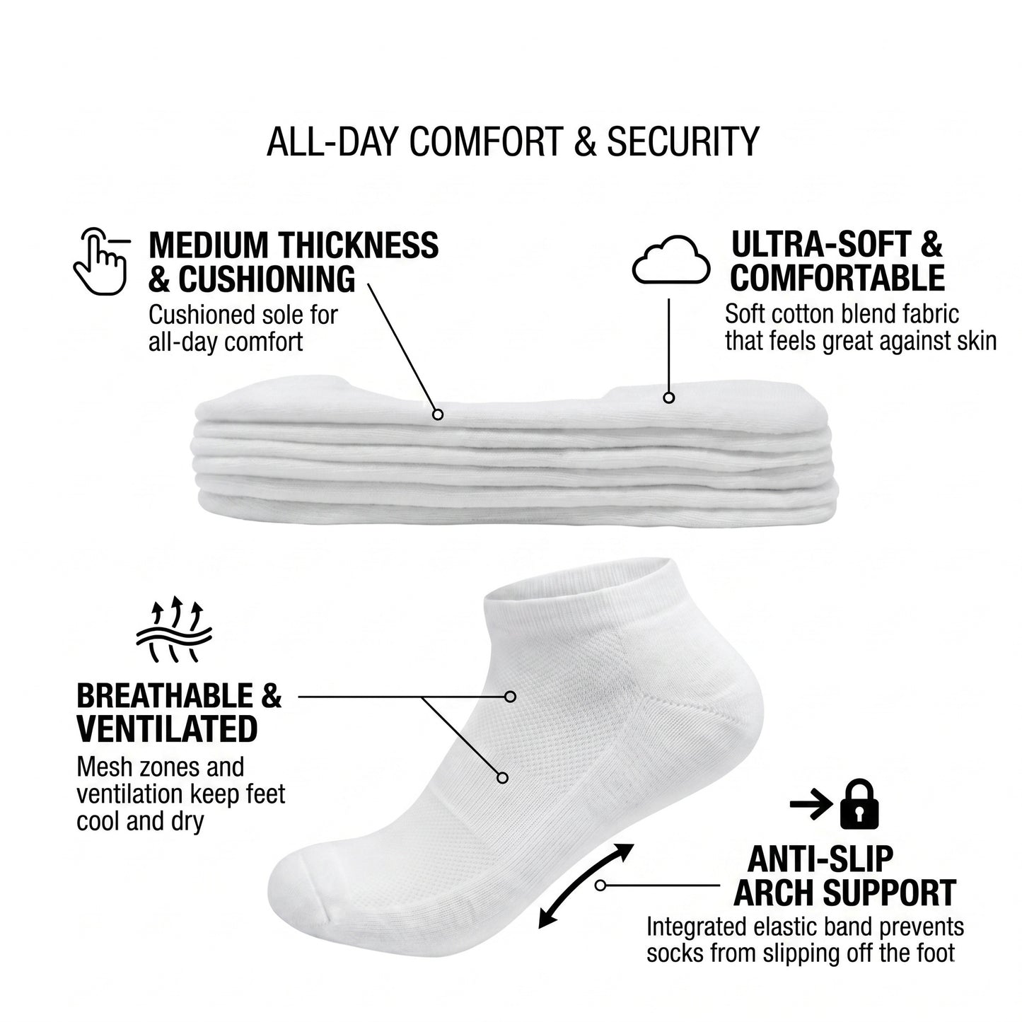Men's 6-12 Pairs Cotton Ankle Athletic Running Socks Low Cut Breathable Cushioned