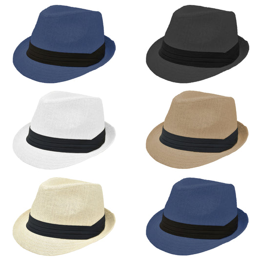 Men Women Summer Fedora Panama Hat Trilby Cuban Straw Sun Hats Short Brim with Black Band