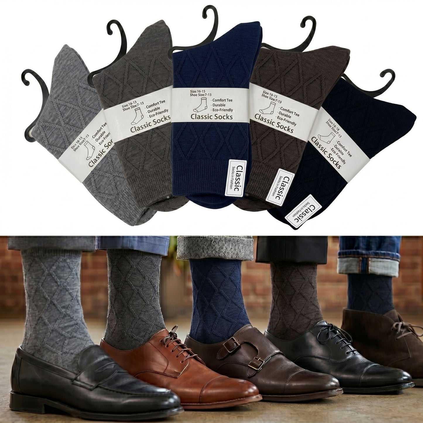Glory Max 5 Pairs Men Premium Knit Mid-Calf Crew Dress Socks Multi Colors with Cashmere Blend Size 10-13