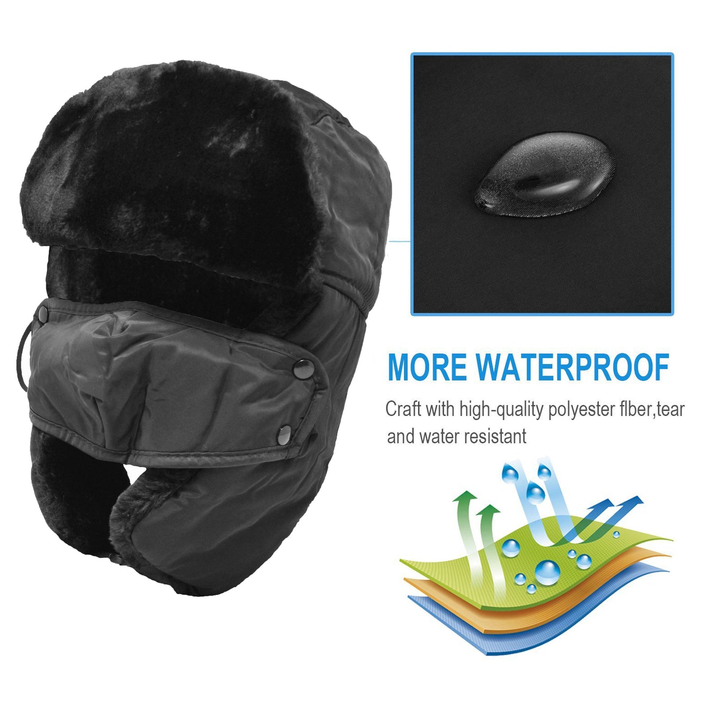 Winter Windproof Earflap Trapper Hats Thermal Ski Warm Aviator Face Cover Hat Black