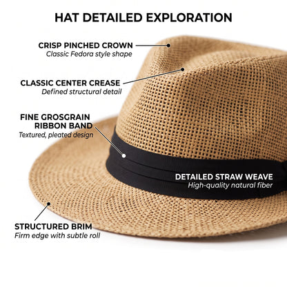 Men Women Summer Fedora Panama Hat Trilby Cuban Paper Straw Sun Hats Wide Brim with Black Band