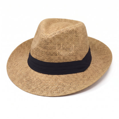 Men Women Summer Fedora Panama Hat Trilby Cuban Paper Straw Sun Hats Wide Brim with Black Band