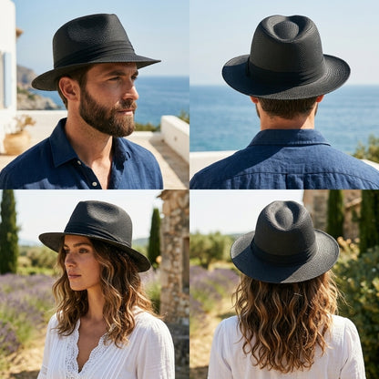 Men Women Summer Fedora Panama Hat Trilby Cuban Paper Straw Sun Hats Wide Brim with Black Band