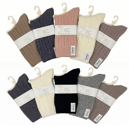 5 Pairs Women Classic Cable Knit Crew Socks Assorted Colors Mid Calf Boots Casual Socks