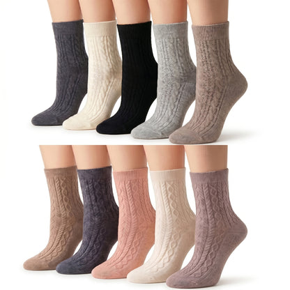 5 Pairs Women Classic Cable Knit Crew Socks Assorted Colors Mid Calf Boots Casual Socks