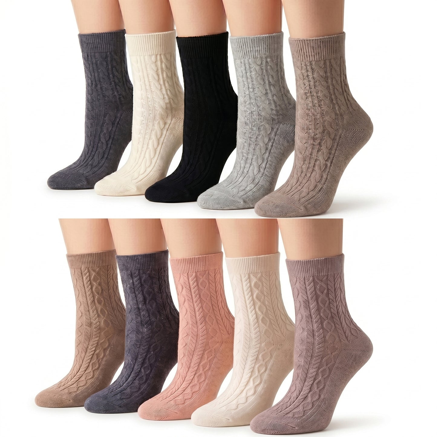 5 Pairs Women Classic Cable Knit Crew Socks Assorted Colors Mid Calf Boots Casual Socks