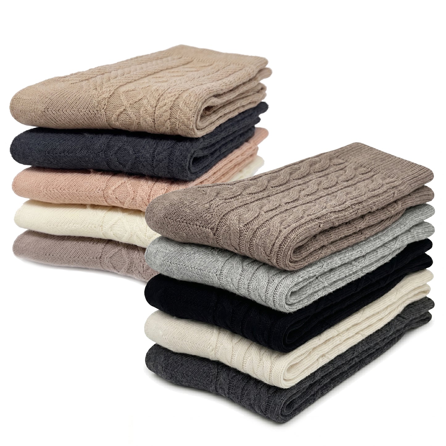 5 Pairs Women Classic Cable Knit Crew Socks Assorted Colors Mid Calf Boots Casual Socks