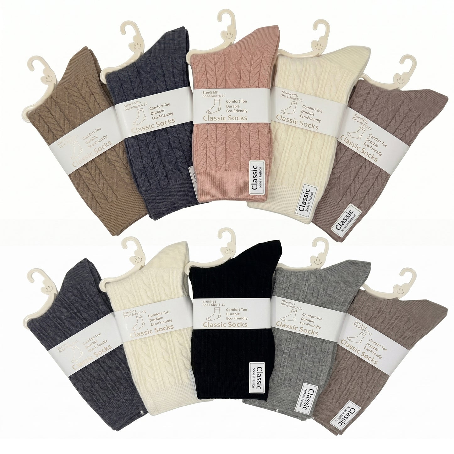 5 Pairs Women Classic Cable Knit Crew Socks Assorted Colors Mid Calf Boots Casual Socks