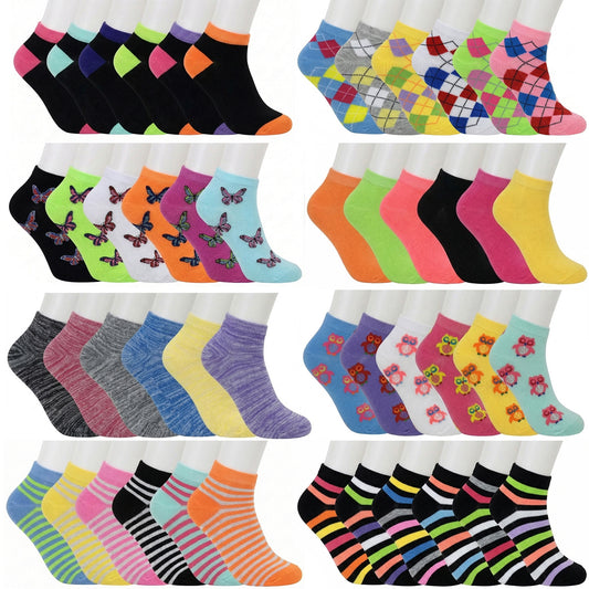 12-Pairs Women's Assorted Multicolor Casual Sports Ankle Socks Cotton Lightweight