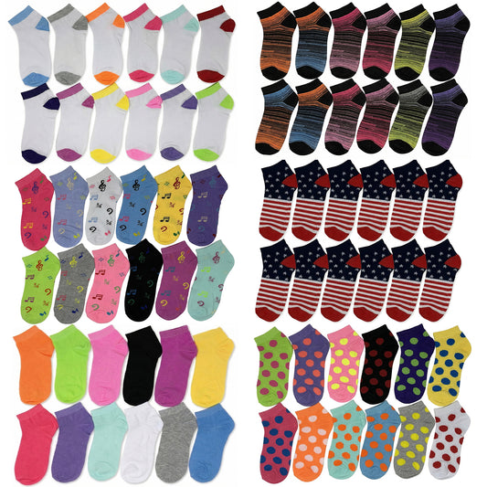 12-Pairs Women's Assorted Multicolor Casual Sports Ankle Socks Cotton Lightweight