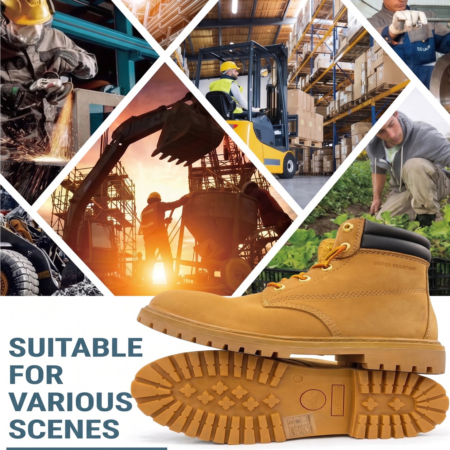 Men Round Toe Work Boots Water Resistant Construction Shoes Padded Collar Rugged Slip Resistant Sole