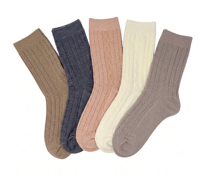 5 Pairs Women Classic Cable Knit Crew Socks Assorted Colors Mid Calf Boots Casual Socks