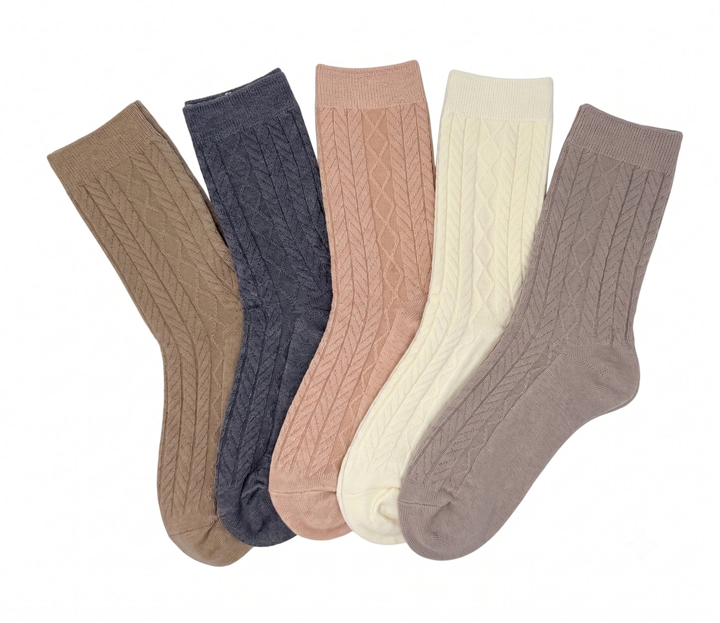 5 Pairs Women Classic Cable Knit Crew Socks Assorted Colors Mid Calf Boots Casual Socks