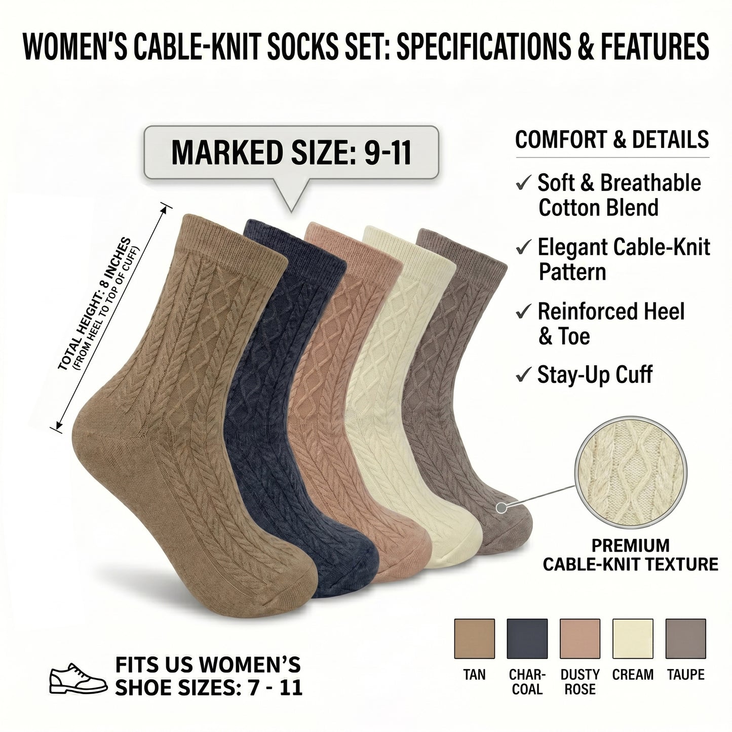 5 Pairs Women Classic Cable Knit Crew Socks Assorted Colors Mid Calf Boots Casual Socks