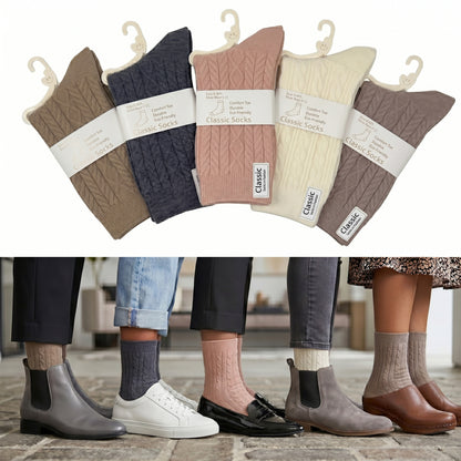 5 Pairs Women Classic Cable Knit Crew Socks Assorted Colors Mid Calf Boots Casual Socks