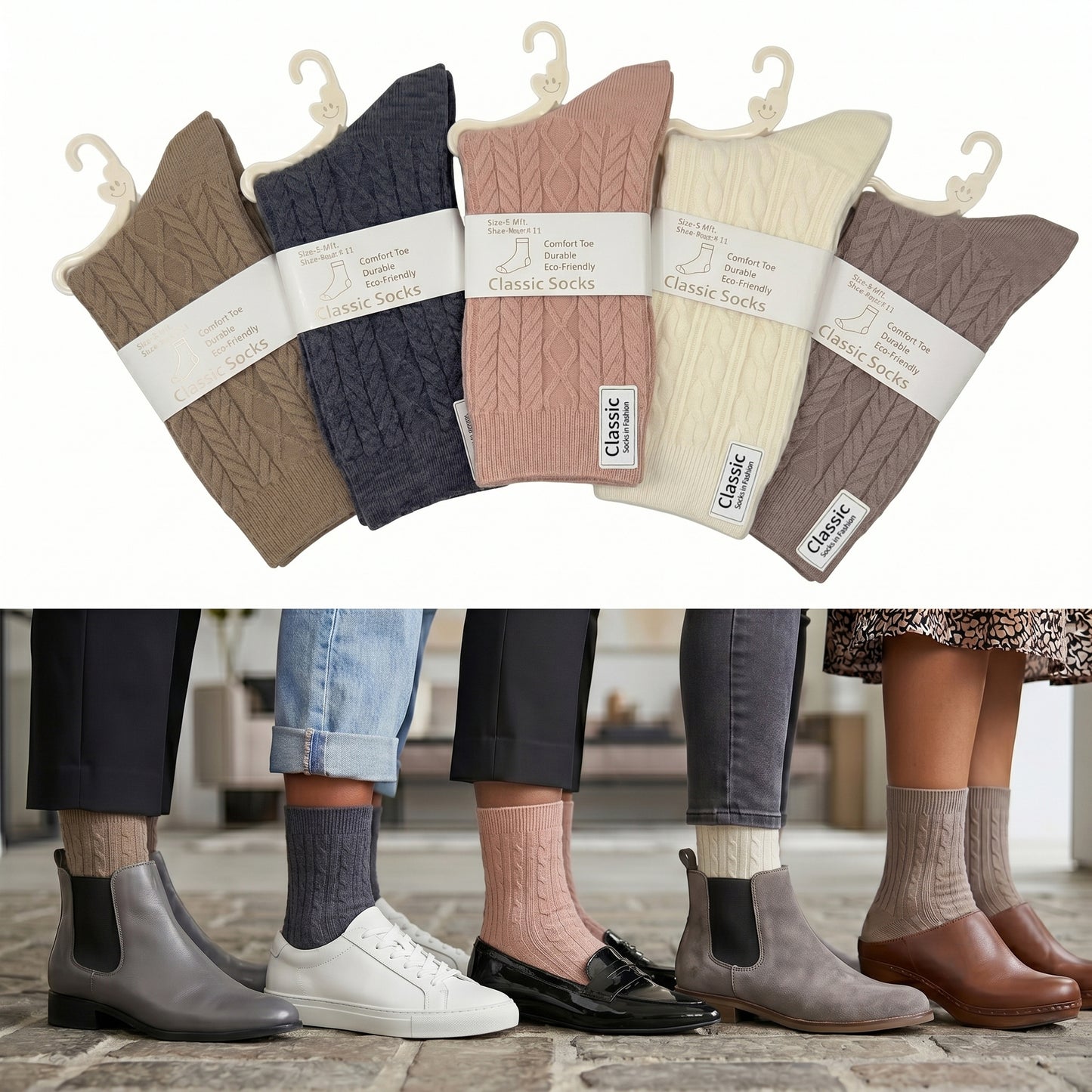 5 Pairs Women Classic Cable Knit Crew Socks Assorted Colors Mid Calf Boots Casual Socks