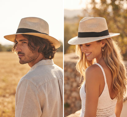 Men Women Summer Fedora Panama Hat Trilby Cuban Paper Straw Sun Hats Wide Brim with Black Band