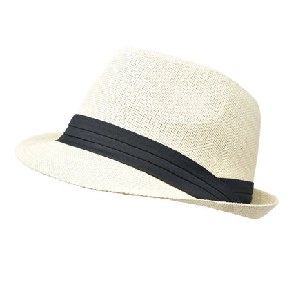 Men Women Summer Fedora Panama Hat Trilby Cuban Straw Sun Hats Short Brim with Black Band