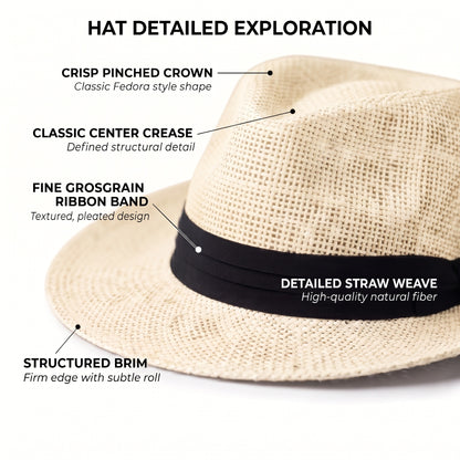 Men Women Summer Fedora Panama Hat Trilby Cuban Paper Straw Sun Hats Wide Brim with Black Band
