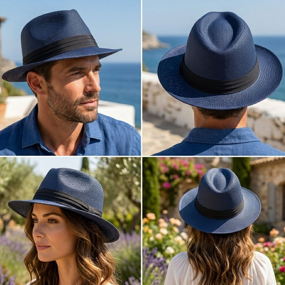 Men Women Summer Fedora Panama Hat Trilby Cuban Paper Straw Sun Hats Wide Brim with Black Band