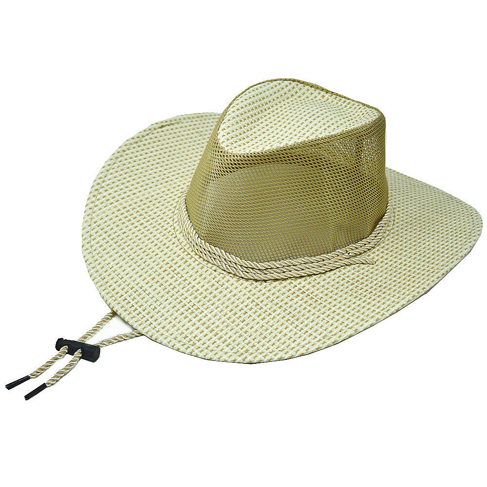Unisex Cowboy Panama Fedora Bucket Straw Hat Wide Brim Mesh Top Cool Cap