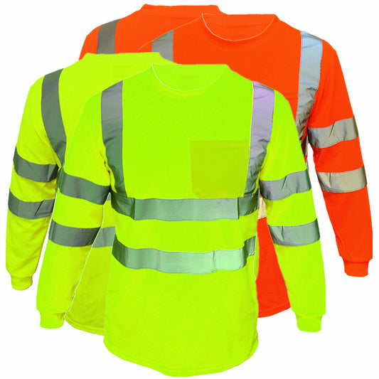 Men's High Visibility Safety Work T Shirts Long Sleeve Reflective Tape Class 3 2 Pieces
