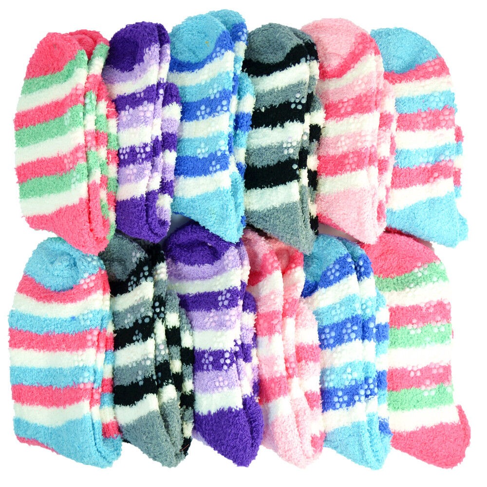 Women's 4-12 Pairs Soft Cozy Fuzzy Socks Non-Skid Striped Plush Home Slipper Socks