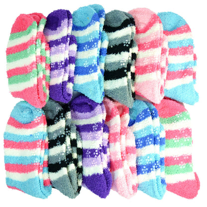 Women's 4-12 Pairs Soft Cozy Fuzzy Socks Non-Skid Striped Plush Home Slipper Socks
